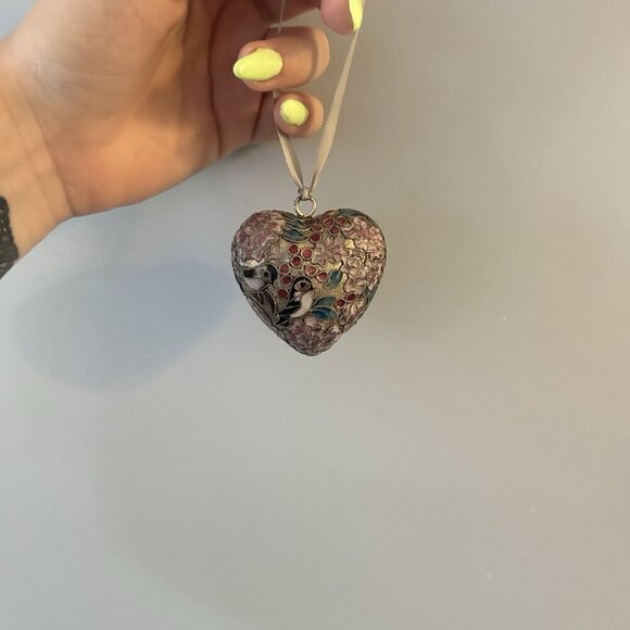 Vintage Cloisonné Heart Christmas Ornament Collectible Pink Flowers Birds - Picture 2 of 7